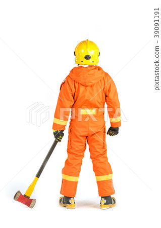 Firefighter in uniform and safety helmet standing 39091191