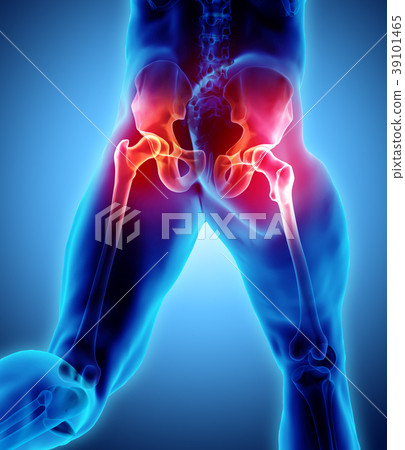Hip painful skeleton x-ray, 3D illustration. 39101465