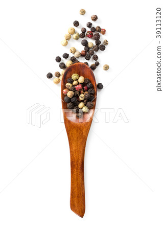 Mixture of peppers in wooden spoon Mixture of peppers in wooden spoon 39113120