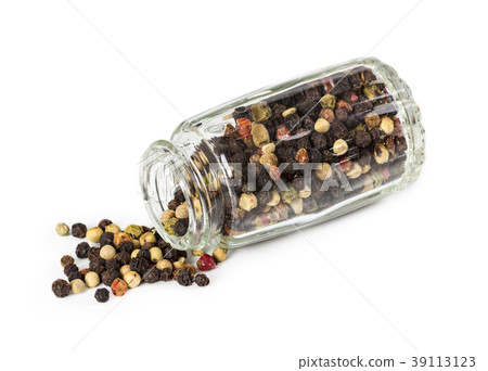 Mixture of peppers in glass pepperbox Mixture of peppers in glass pepperbox 39113123