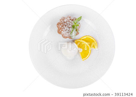 chocolate cake with orange and ice cream isolated chocolate cake with orange and ice cream isolated 39113424