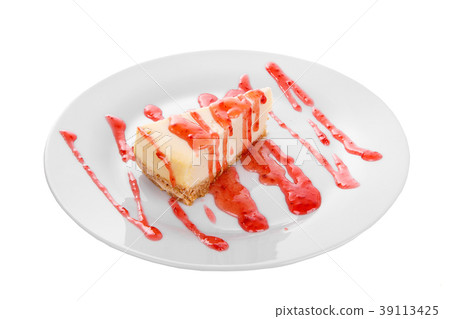 White cheesecake with berry topping, isolated White cheesecake with berry topping, isolated 39113425