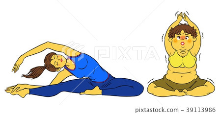 做飲食瑜伽的亭亭玉立的婦女和肥胖夫人 做飲食瑜伽的亭亭玉立的婦女和肥胖夫人 39113986