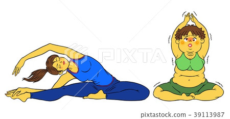 做飲食瑜伽的亭亭玉立的婦女和肥胖夫人 做飲食瑜伽的亭亭玉立的婦女和肥胖夫人 39113987