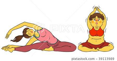 做飲食瑜伽的亭亭玉立的婦女和肥胖夫人 39113989