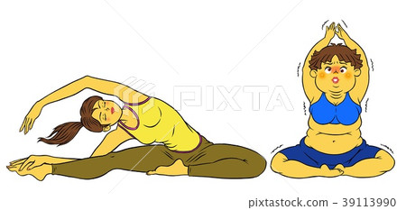 做飲食瑜伽的亭亭玉立的婦女和肥胖夫人 做飲食瑜伽的亭亭玉立的婦女和肥胖夫人 39113990