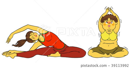 做飲食瑜伽的亭亭玉立的婦女和肥胖夫人 做飲食瑜伽的亭亭玉立的婦女和肥胖夫人 39113992