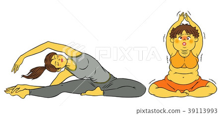 Slim women and fat ladies doing diet yoga Slim women and fat ladies doing diet yoga 39113993