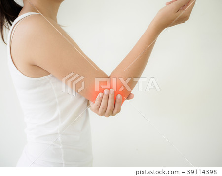 Close up woman having pain in injured elbow. Close up woman having pain in injured elbow. 39114398
