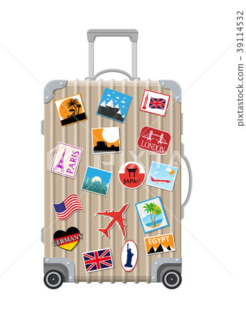 Silver travel bag. Plastic case with stickers. Silver travel bag. Plastic case with stickers. 39114532
