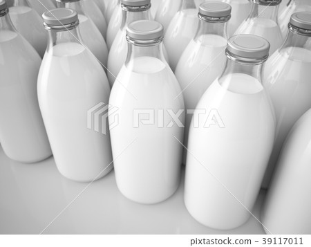 3D rendering row of glass milk bottles 3D rendering row of glass milk bottles 39117011