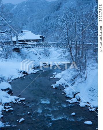 Oide's suspension bridge and Himekawa in winter Oide's suspension bridge and Himekawa in winter 39117868