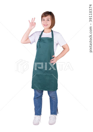 Asian woman wearing green apron making OK gesture 39118374