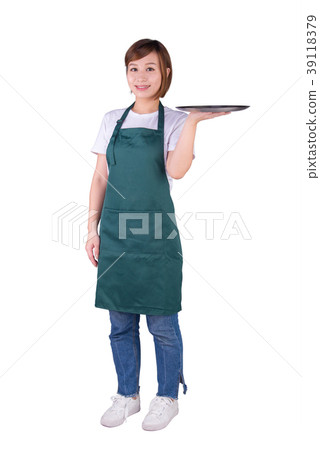 Asian waitress in green apron holding silver tray in front of white background 39118379