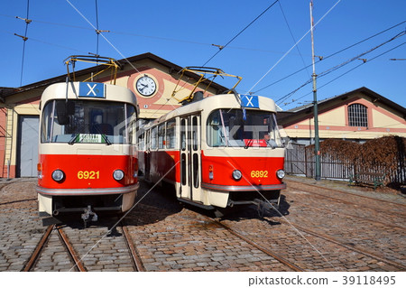 Red tram Tatra T3 in Prague, Czech Republic 39118495