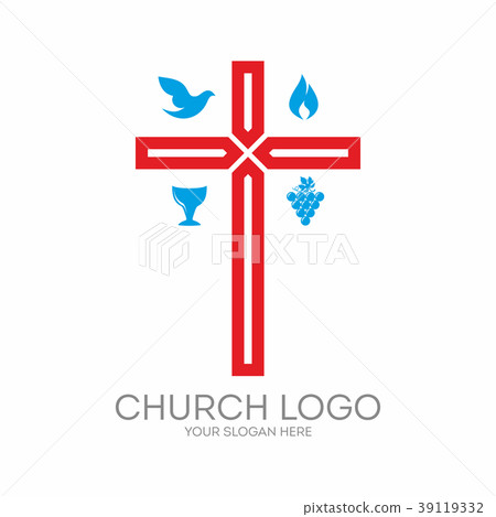 Church logo. Cross, dove, grapes, red, blue, flame Church logo. Cross, dove, grapes, red, blue, flame 39119332