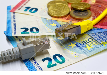 A pair of Ethernet plugs on the Euro banknotes 39122670