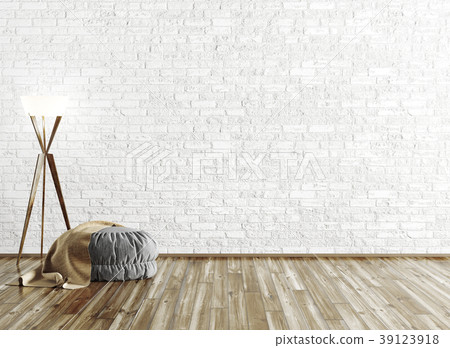 Ottoman And Floor Lamp Over Brick Wall 3d Render Stock