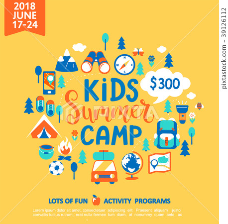 Kids Summer camp with a lot of camping equipment. 39126112