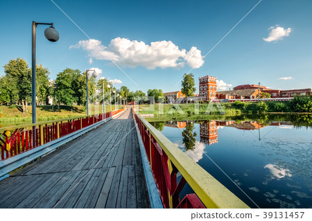 Summer landscape with old factory and river 39131457