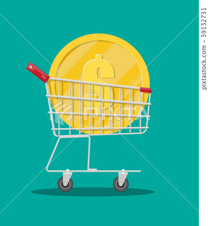 Metal supermarket cart with big golden coin 39132731