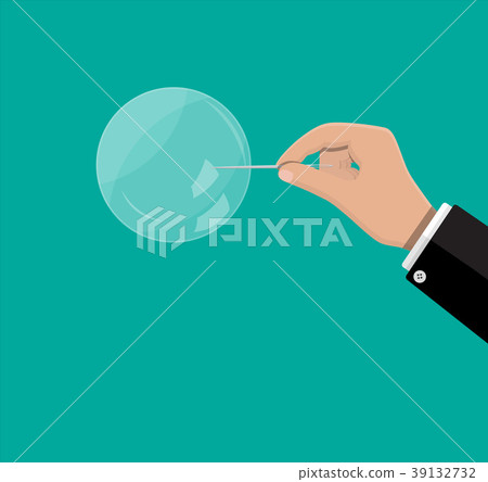 Hand with needle raised soap bubble. Hand with needle raised soap bubble. 39132732