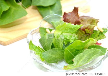 Leafy vegetables, ice plant, sanchu, pakuti, sunny lettuce on a cutting board 39135810