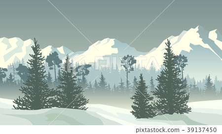 Winter coniferous forest with mountains. 39137450