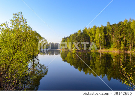 Forest is reflected in the calm blue water Forest is reflected in the calm blue water 39142690