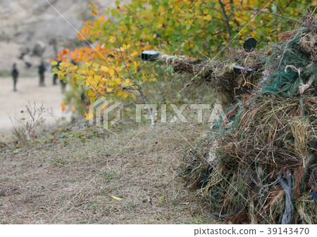 Camouflage Hunter or soldier hiding in bushes in c Camouflage Hunter or soldier hiding in bushes in c 39143470