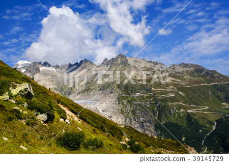 View through Alps valley near Gletch with Furka View through Alps valley near Gletch with Furka 39145729