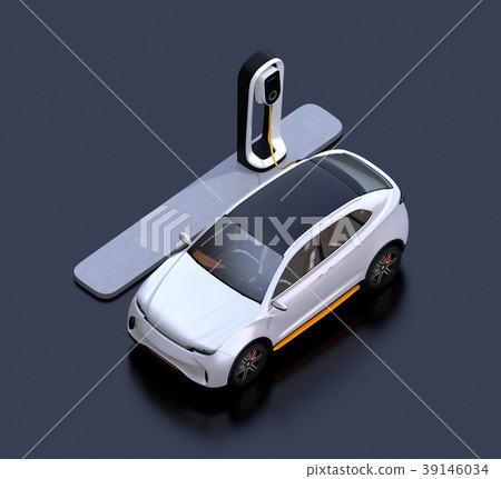 Isometric image of the electric SUV charging to the quick charge station Isometric image of the electric SUV charging to the quick charge station 39146034