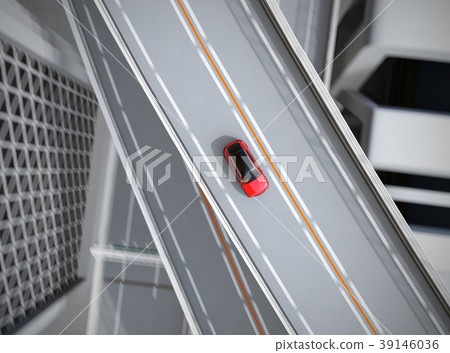 在高速公路上行駛的紅色自駕駛電動SUV的鳥瞰圖像 在高速公路上行駛的紅色自駕駛電動SUV的鳥瞰圖像 39146036