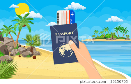 Passport and airplane ticket in hand. Passport and airplane ticket in hand. 39150705