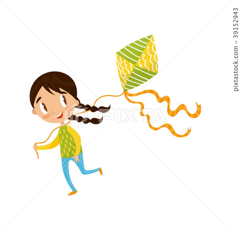 Brunette little girl playing kite, cute cartoon 39152943