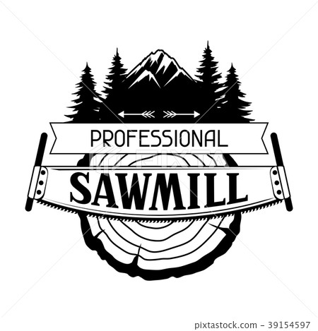 Professional sawmill label with wood stump and saw 39154597
