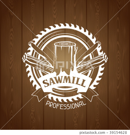 Sawmill label with wood stump and saw. Emblem for Sawmill label with wood stump and saw. Emblem for 39154628