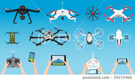 Set of modern air drones and remote control - Stock Illustration ...