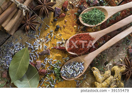 Herbs and Spices on a rustic farmhouse table Herbs and Spices on a rustic farmhouse table 39155479