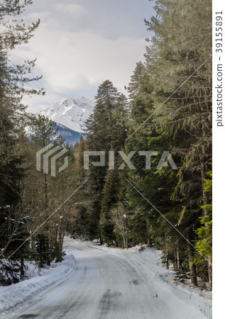 A view of a winter mountain road covered with snow A view of a winter mountain road covered with snow 39155891