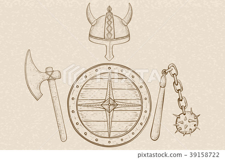 Viking armor set - helmet, shield and axe. Hand Viking armor set - helmet, shield and axe. Hand 39158722