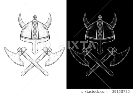 Viking horned helmet and crossed axes. Hand drawn 39158723