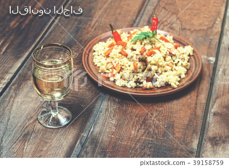 East pilaf, Glass, clean water, wooden table, East pilaf, Glass, clean water, wooden table, 39158759