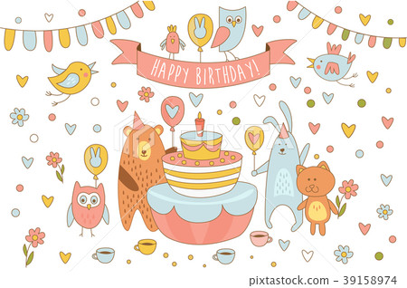 圖庫插圖: happy birthday card with cute animals near holiday