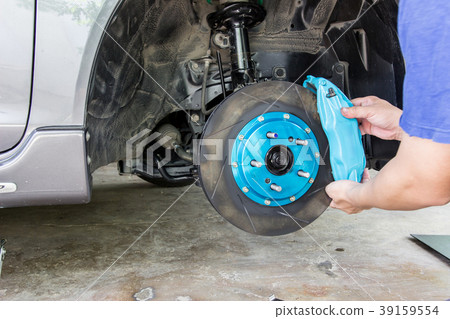 Hand man adjust brake caliper disk maintenance Hand man adjust brake caliper disk maintenance 39159554