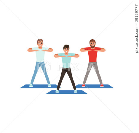 Cartoon men doing sport exercise. Three young guys Cartoon men doing sport exercise. Three young guys 39159777