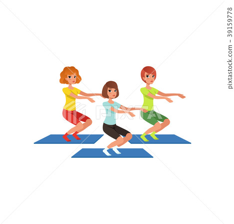 Young girls doing squats. Healthy lifestyle. Three 39159778