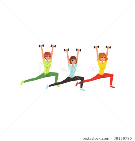 Cartoon women doing exercise with dumbbells. Butt Cartoon women doing exercise with dumbbells. Butt 39159780