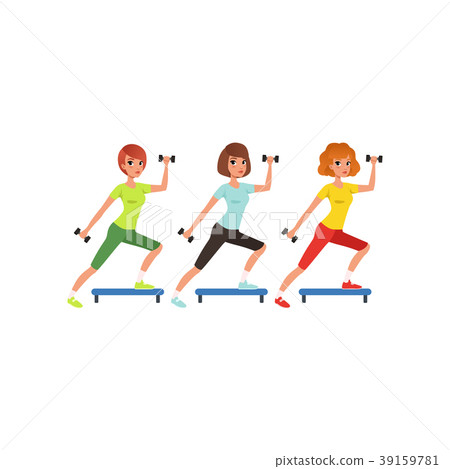 Young girls doing fitness exercise using dumbbells 39159781