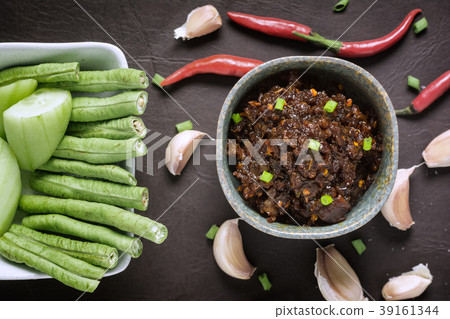 Top View of Spice Mixture Pork Chilly Thai Recipe. 39161344